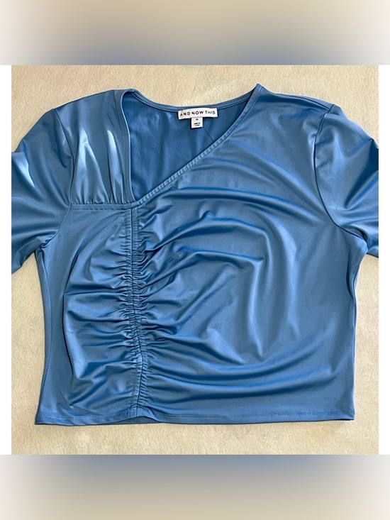 And Now This Tops - And Now This Steel Blue Ruched V-Neck Long Sleeve Top US Women’s XL EUC